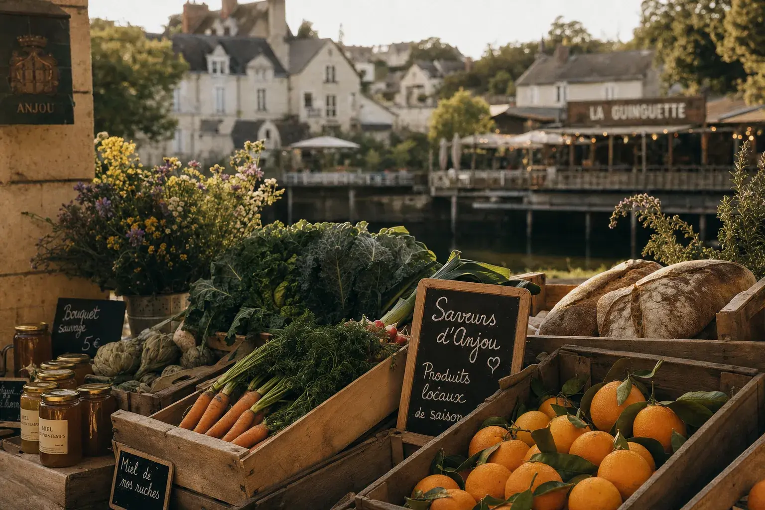 Étal de produits du terroir angevin et carafe de Cointreau au bord de la Loire, en Maine-et-Loire